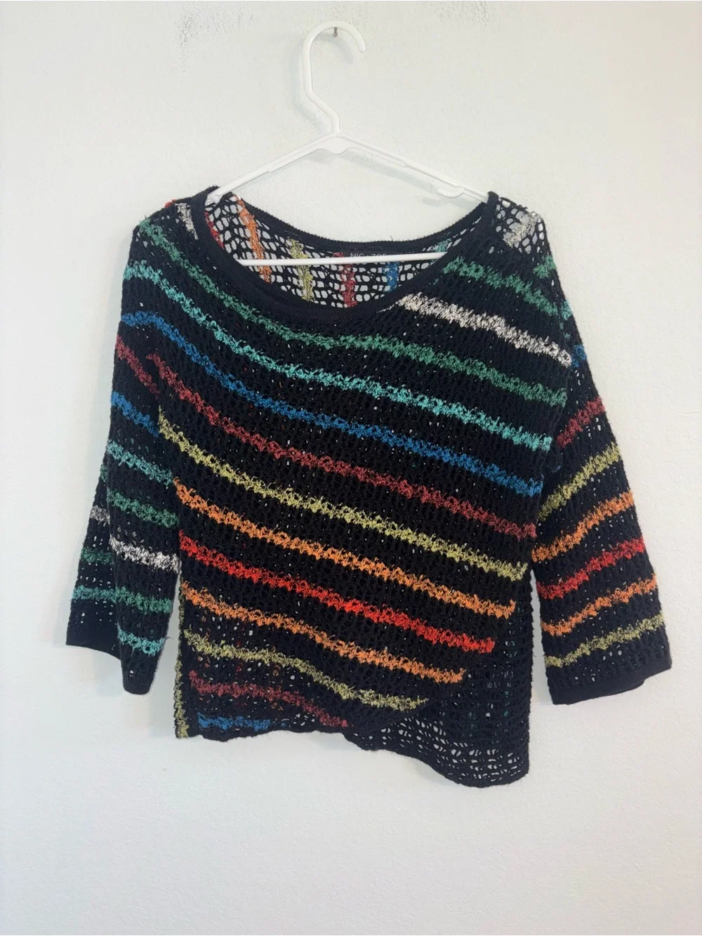NIC+ZOE Rainbow Striped Open Knit Crochet Pullover Sweater